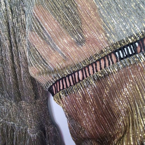 MUCHE MUCHETTE Gold Bronze Metallic Lame Boho Gypsy Ruffle Off Shoulder Dress - Picture 5 of 8